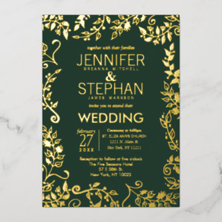 Invitación Con Relieve Metalizado Elegante Boda Floral Verde Bosque Oro Real
