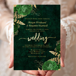 Invitación Con Relieve Metalizado Elegante Boda Floral Verde Esmeralda Dorado