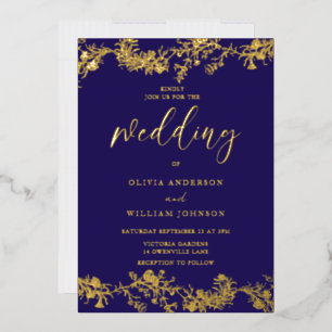 Invitación Con Relieve Metalizado Elegante boda floral vintage de navy y pan de oro