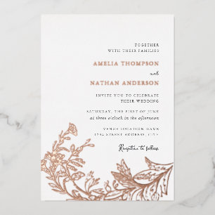 Invitación Con Relieve Metalizado Elegante Boda Floral Vintage de Oro Rosa
