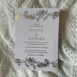 Invitación Con Relieve Metalizado Elegante boda floral vintage plateada y blanca