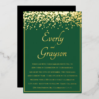 Invitación Con Relieve Metalizado Elegante Boda Forestal Verde y Confetti de Oro