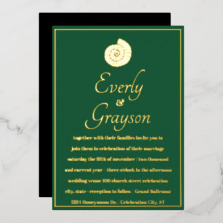 Invitación Con Relieve Metalizado Elegante Boda Forestal Verde y Gold Beach