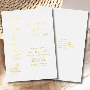 Invitación Con Relieve Metalizado Elegante Boda formal audaz del guión dorado blanco