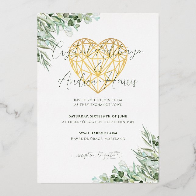 Invitación Con Relieve Metalizado Elegante Boda formal de eucalipto de corazón (Reverso )