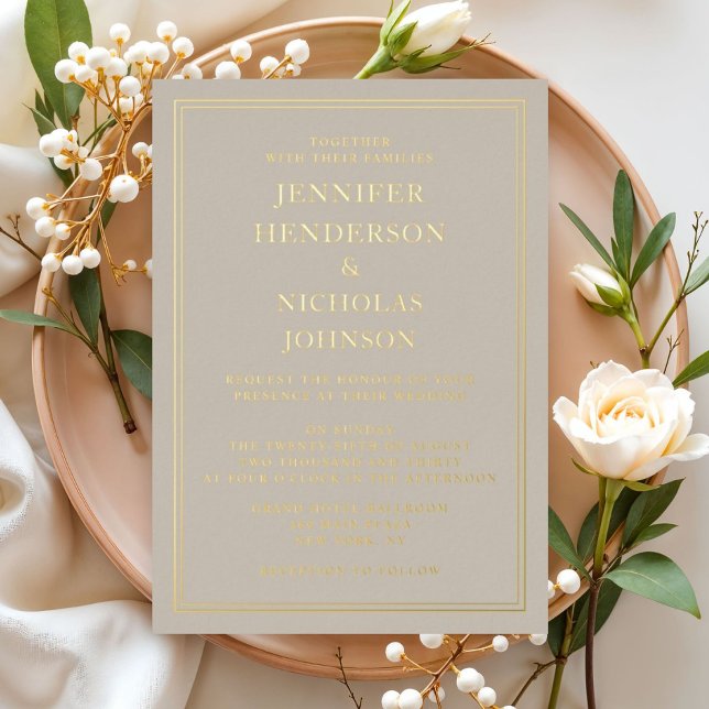 Invitación Con Relieve Metalizado Elegante Boda formal de tazas de oro (Elegant Formal Gold Taupe Wedding Foil Invitation)