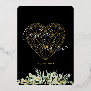 Invitación Con Relieve Metalizado Elegante Boda formal del follaje negro del corazón