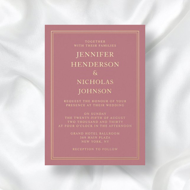 Invitación Con Relieve Metalizado Elegante Boda formal rosa dorado (Front / Elegant Formal Pink Wedding Gold Foil Invitation)