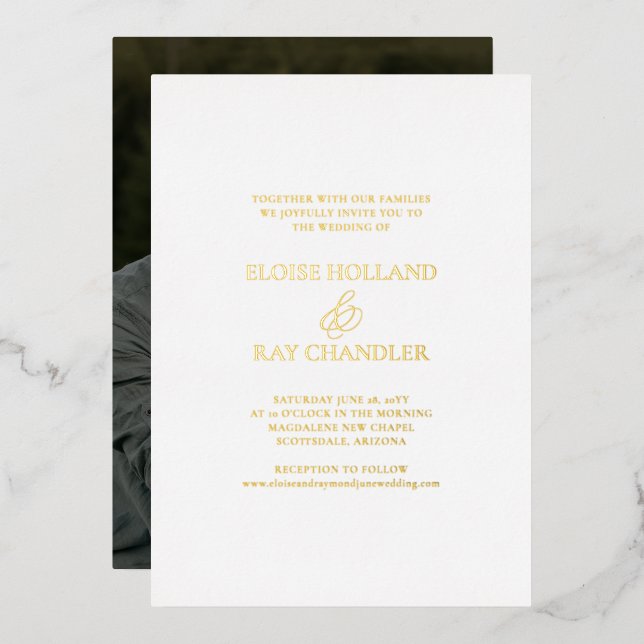 Invitación Con Relieve Metalizado Elegante Boda fotográfico blanco caligrafía Minima (Anverso/Reverso)