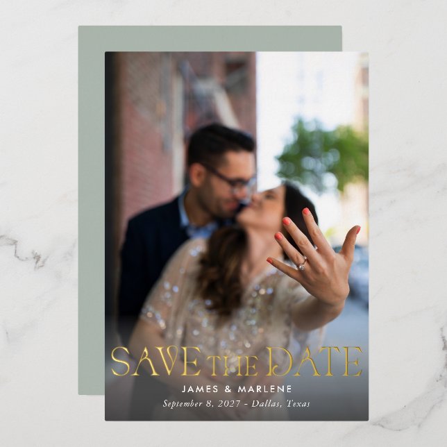 Invitación Con Relieve Metalizado Elegante Boda fotográfico de tipografía única (Anverso/Reverso)