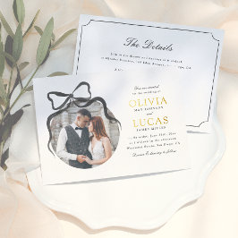 Invitación Con Relieve Metalizado Elegante Boda fotográfico todo en uno en blanco y