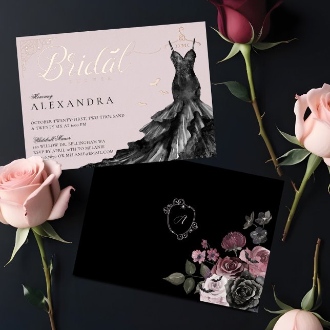 Invitación Con Relieve Metalizado Elegante Boda gótico negro vestido con ducha de no (Elegant Gothic Black Wedding Dress Bridal Shower Foil Invitation)