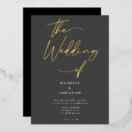 Invitación Con Relieve Metalizado Elegante Boda Gris Black Gold de caligrafía de oro
