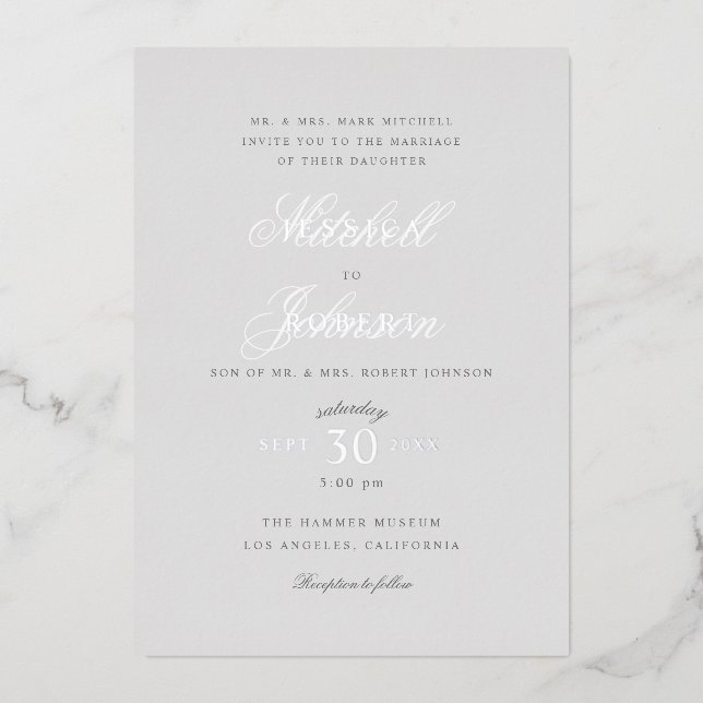 Invitación Con Relieve Metalizado Elegante Boda gris plateado (Anverso)