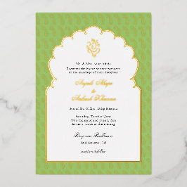 Invitación Con Relieve Metalizado Elegante boda indio Ganesh Mint verde y oro