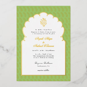 Invitación Con Relieve Metalizado Elegante boda indio Ganesh Mint verde y oro