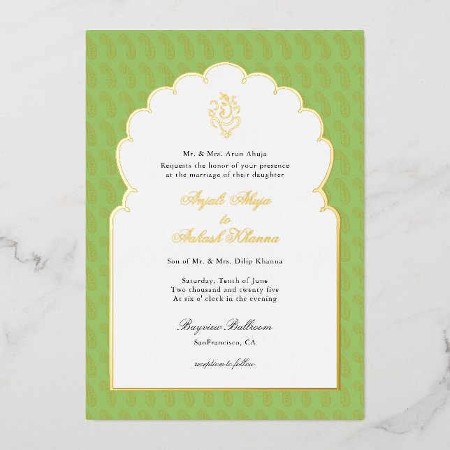 Invitación Con Relieve Metalizado Elegante boda indio Ganesh Mint verde y oro (Anverso)