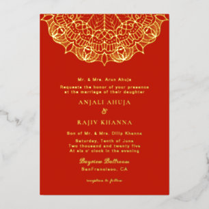 Invitación Con Relieve Metalizado Elegante boda indio rojo y dorado Mandala