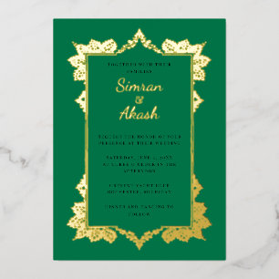 Invitación Con Relieve Metalizado Elegante boda indio verde esmeralda