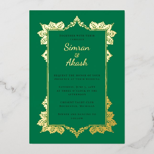 Invitación Con Relieve Metalizado Elegante boda indio verde esmeralda (Anverso)