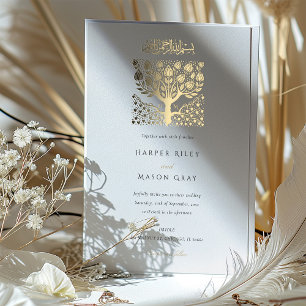 Invitación Con Relieve Metalizado Elegante Boda Islámica Amor Árbol Beige Marfil