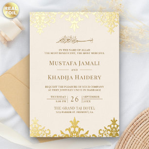 Invitación Con Relieve Metalizado Elegante Boda Islámica en Crema y Dorado Damask
