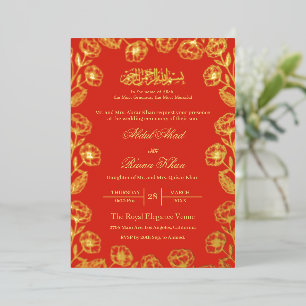 Invitación Con Relieve Metalizado Elegante Boda Islámica Musulmana con Floral Rojo y
