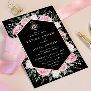 Invitación Con Relieve Metalizado Elegante Boda Islámica Musulmana Floral Rosa Dorad