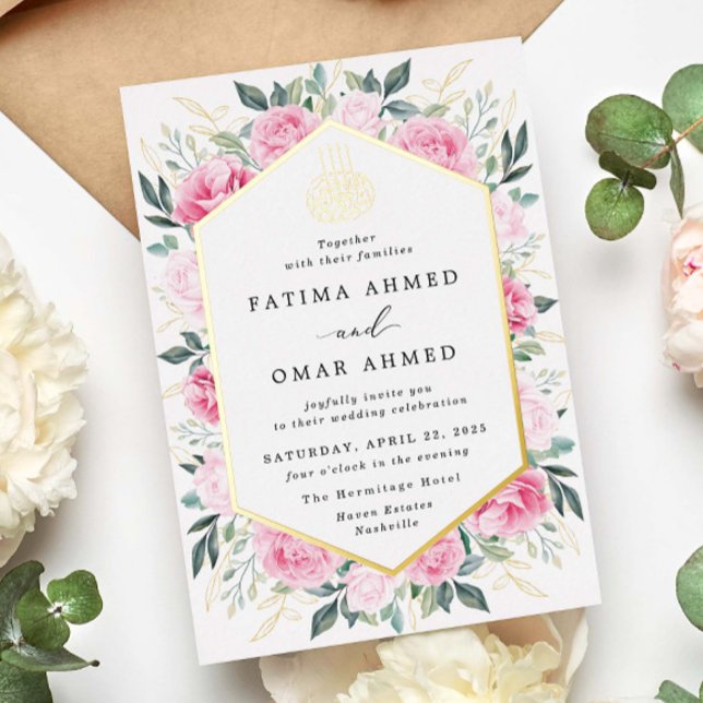 Invitación Con Relieve Metalizado Elegante Boda islámico floral rosa dorada (Subido por el creador)