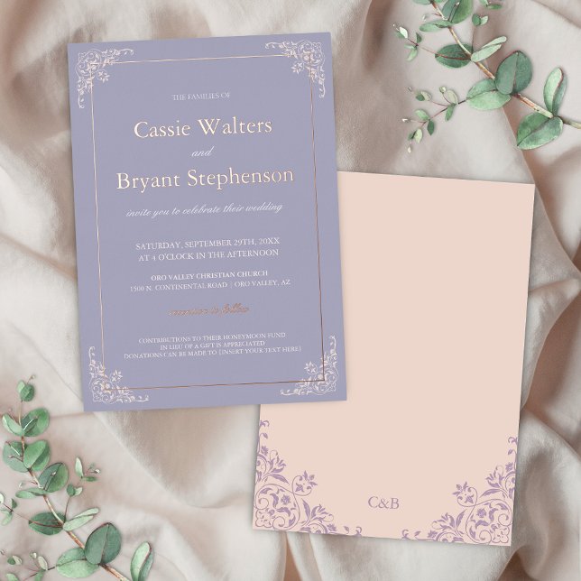 Invitación Con Relieve Metalizado Elegante Boda Lavendar Rubor Rosa Mínimo (lavender purple and blush pink with rose gold foil wedding invitations for romantic garden events)