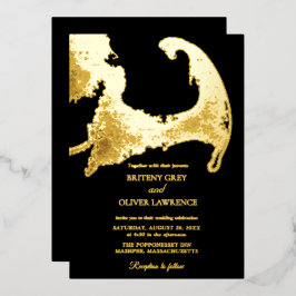 Invitación Con Relieve Metalizado Elegante boda Mapa Cape Cod oro negro
