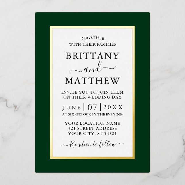 Invitación Con Relieve Metalizado Elegante Boda Moderna Oro Verde (Anverso)