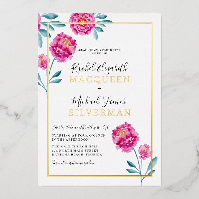 Invitación Con Relieve Metalizado Elegante Boda moderno de borde floral Verde azulad (Anverso)
