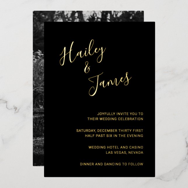 Invitación Con Relieve Metalizado Elegante Boda moderno de foto negra (Anverso/Reverso)