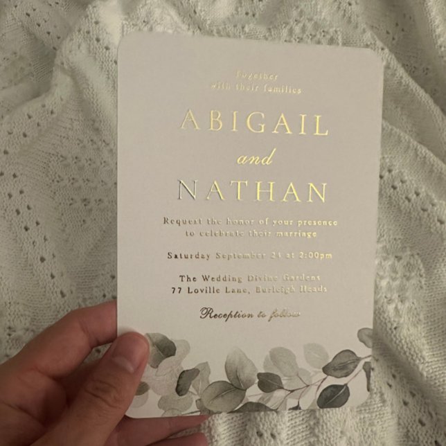 Invitación Con Relieve Metalizado Elegante Boda moderno de hojas verdes (Subido por el creador)