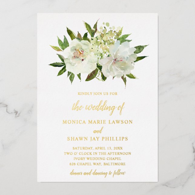 Invitación Con Relieve Metalizado Elegante Boda moderno floral blanca dorada (Anverso)