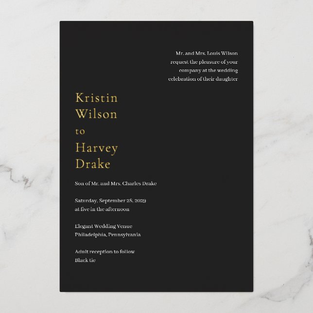 Invitación Con Relieve Metalizado Elegante Boda moderno negro (Anverso)