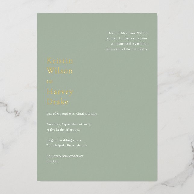 Invitación Con Relieve Metalizado Elegante Boda moderno verde sabio (Anverso)
