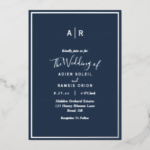 Invitación Con Relieve Metalizado Elegante Boda Monograma Moderno de Azul Marino y P