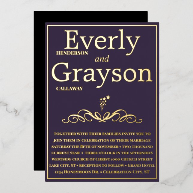 Invitación Con Relieve Metalizado Elegante Boda morado y dorado (Anverso/Reverso)