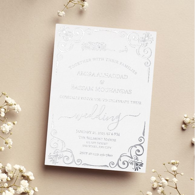 Invitación Con Relieve Metalizado Elegante Boda musulmán plateado y blanco (Subido por el creador)