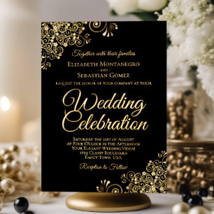 Invitación Con Relieve Metalizado Elegante Boda negro con flores doradas