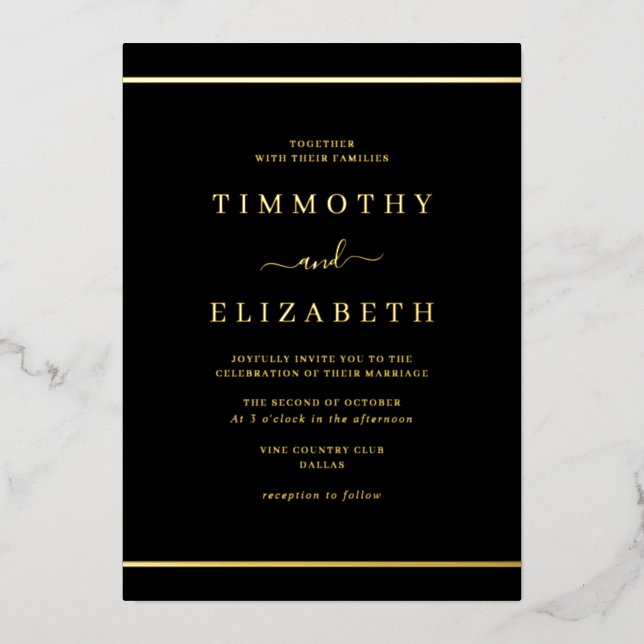 Invitación Con Relieve Metalizado Elegante Boda negro de oro simple (Anverso)