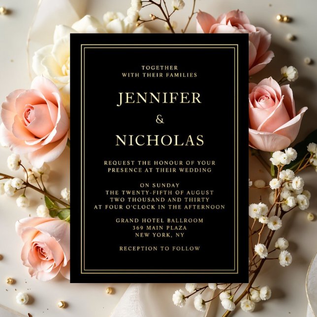 Invitación Con Relieve Metalizado Elegante Boda negro formal (Elegant Formal Black Wedding Foil Invitation)