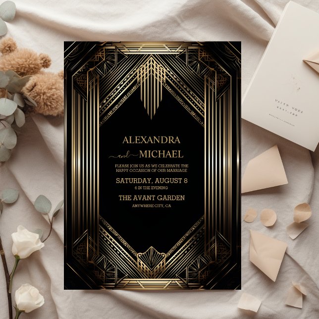 Invitación Con Relieve Metalizado Elegante Boda negro y oro Art Deco (Subido por el creador)