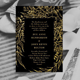 Invitación Con Relieve Metalizado Elegante Boda Onyx Black Tuxedo Gold Wreath