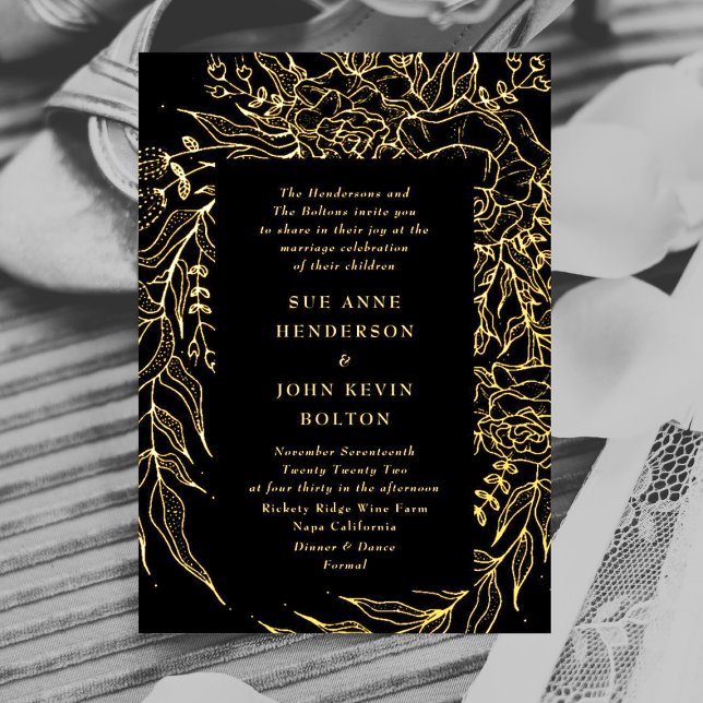 Invitación Con Relieve Metalizado Elegante Boda Onyx Black Tuxedo Gold Wreath (Subido por el creador)