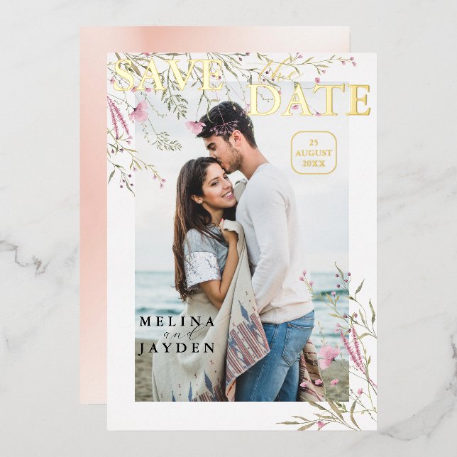 Invitación Con Relieve Metalizado Elegante Boda Pink Wild Floral Ahorra La Fecha (Anverso/Reverso)