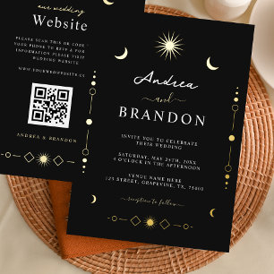 Invitación Con Relieve Metalizado Elegante Boda QR Code Luna y Sol Dorado Celestial