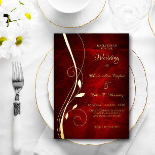 Invitación Con Relieve Metalizado Elegante Boda rojo profundo de Swirl Leaf